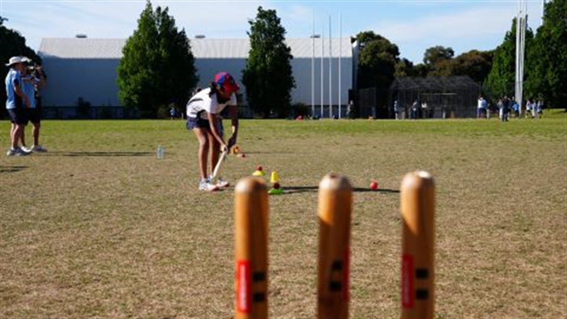 Cricket stumps with girls playing cricket in the background