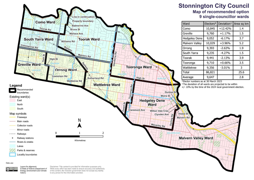 A map showing the boundaries of the nine Stonnington Council wards.