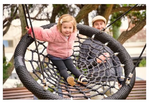 Child in pink coat playing on an accessible swing