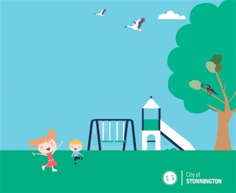 Cartoon of two children playing in a playground with swings and a slide, a big green tree and two birds in the sky.