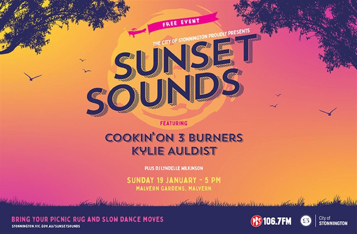 Sunset Sounds featuring Cookin' on 3 burners, Kylie Auldist plus DJ Lyndelle Wilkinson. Sunday 19 January 2025, 5pm. Malvern Gardens Malvern