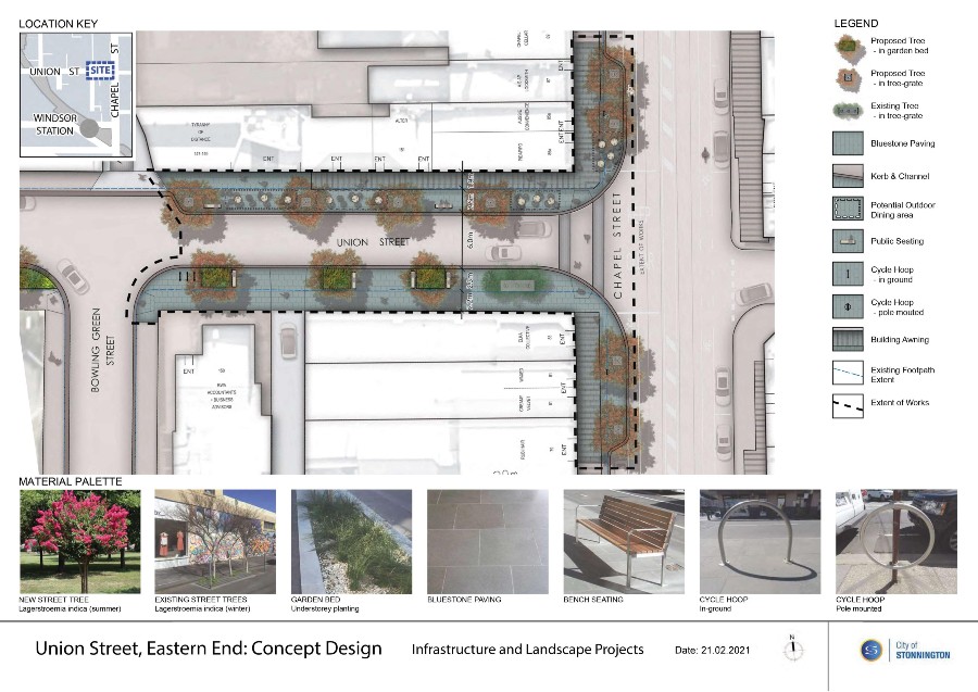 Concept design of Union St Windsor showing wider footpaths, new trees and street furniture